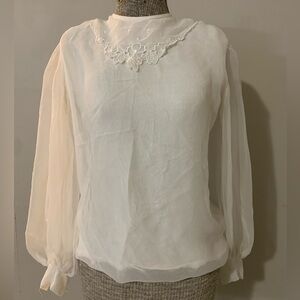 Elegant Vintage White Blouse with Sheer Sleeves